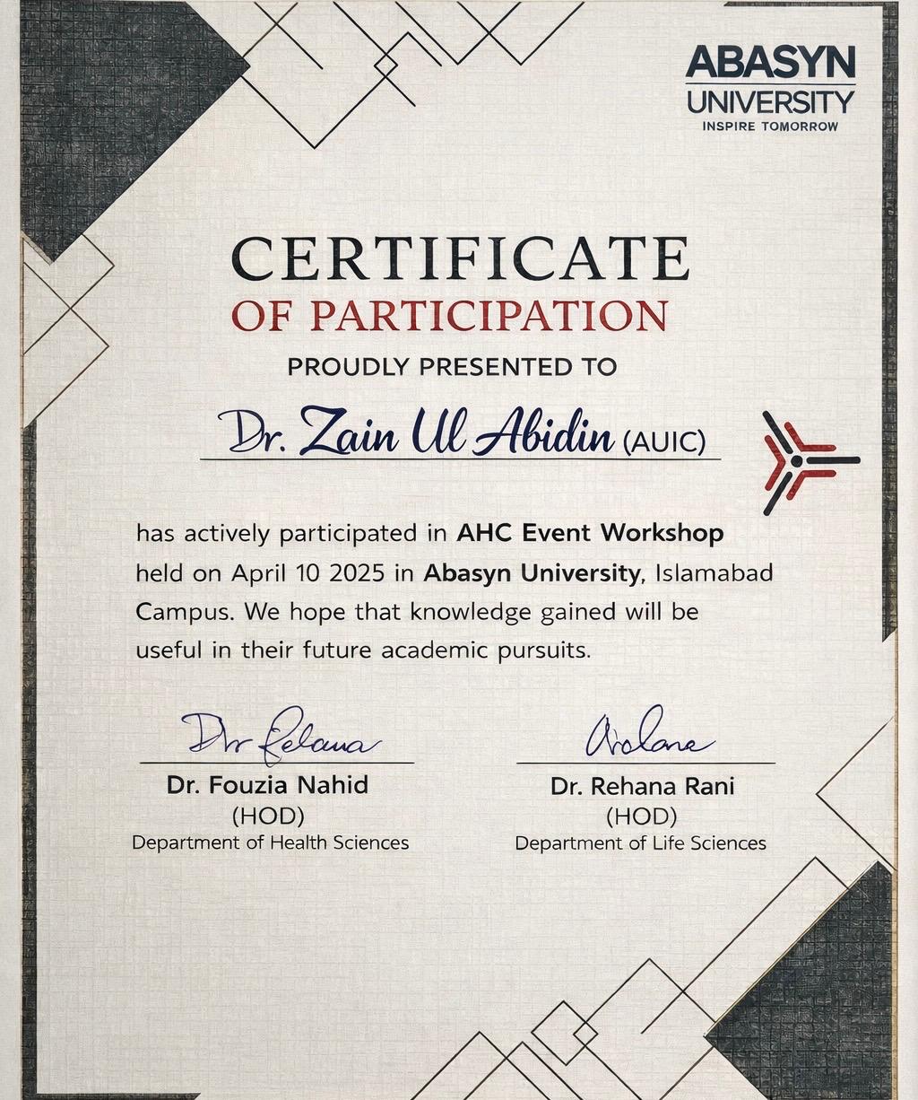 Faculty Participation Certificate — Abasyn University